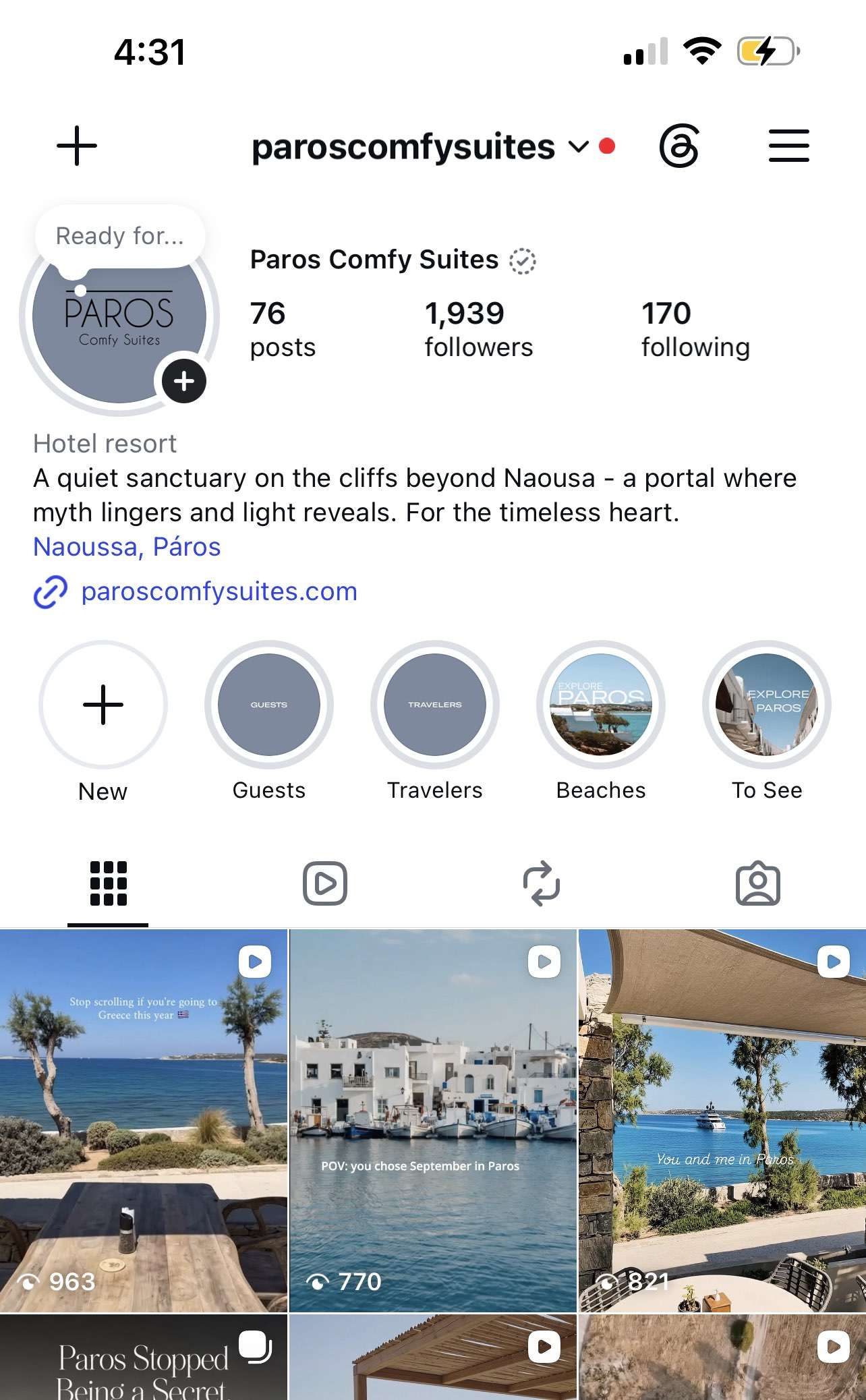 Instagram προφίλ Paros Comfy Suites