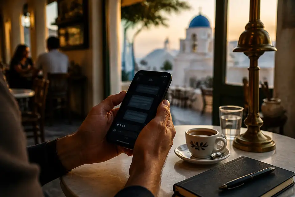 Person using an AI chat on a phone in a Greek café